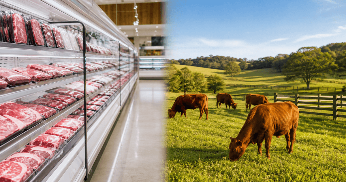 Grocery store meat aisle compared with cattle grazing on a grass-fed pasture